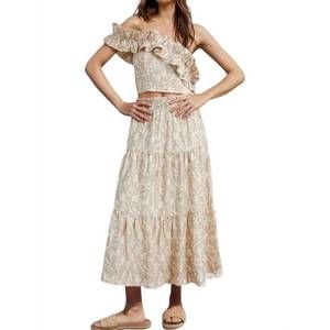 NEW BUTTERMELON abey leaf print one-shoulder cropped top & maxi skirt in taupe
